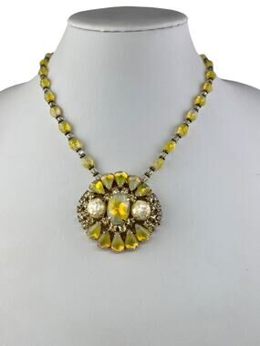 Vintage Yellow & Gold Tone Confetti Rhinestone Repurposed Necklace GF Clasp 17"